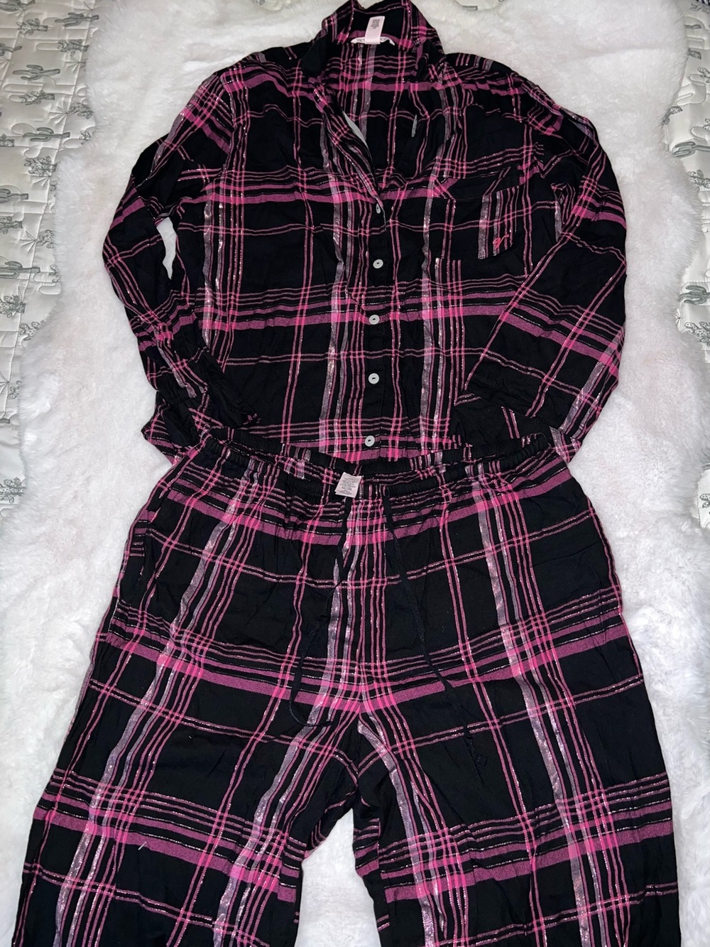 Victoria's Secret Black and Pink Plaid Pajama Set